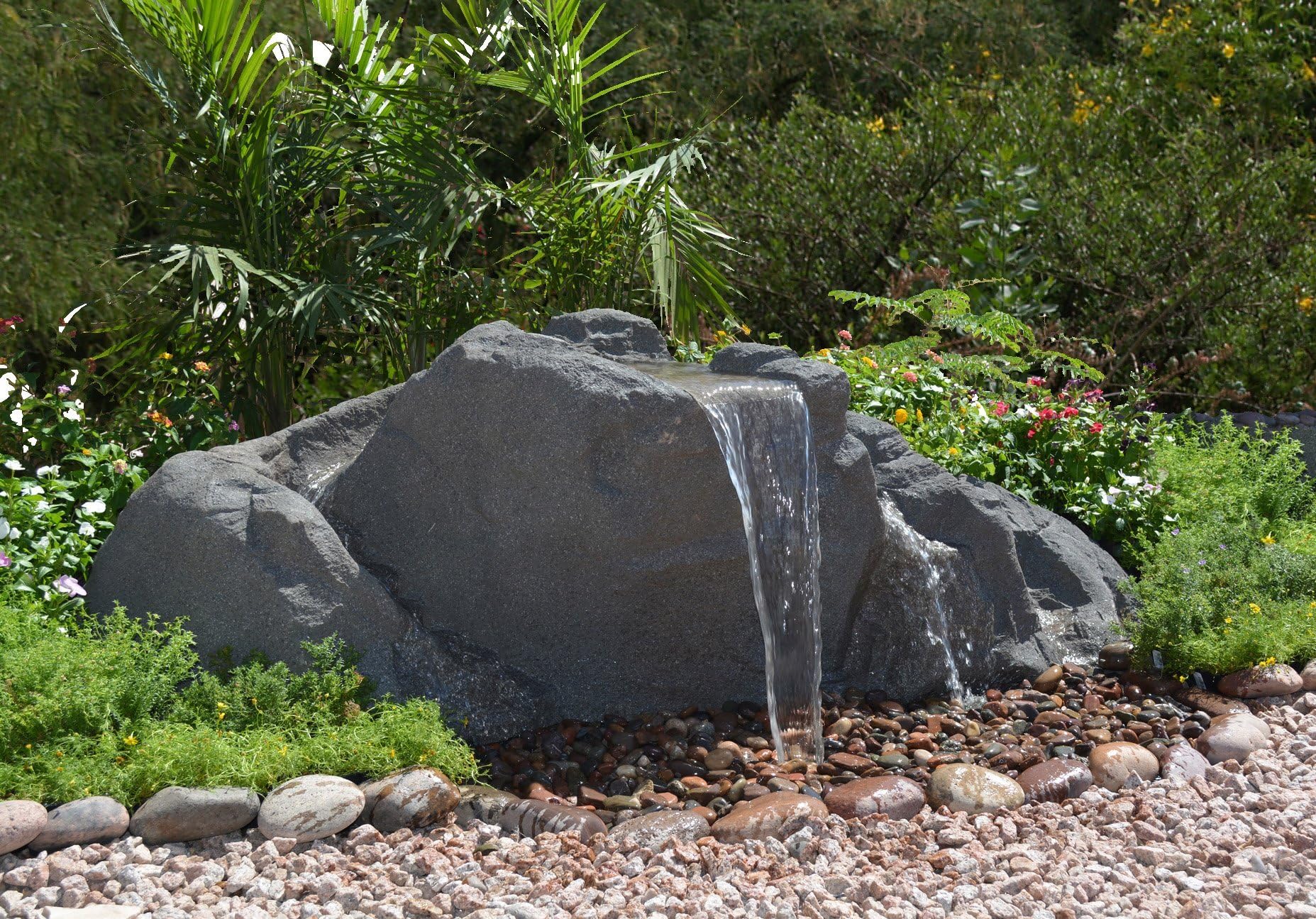 Outdoor Waterfall Fountain With Complete Disappearing Pondless Water Basin Kit and Artificial Rock Waterfall, Cascade Falls by EasyFalls in Slate Gray Granite Color