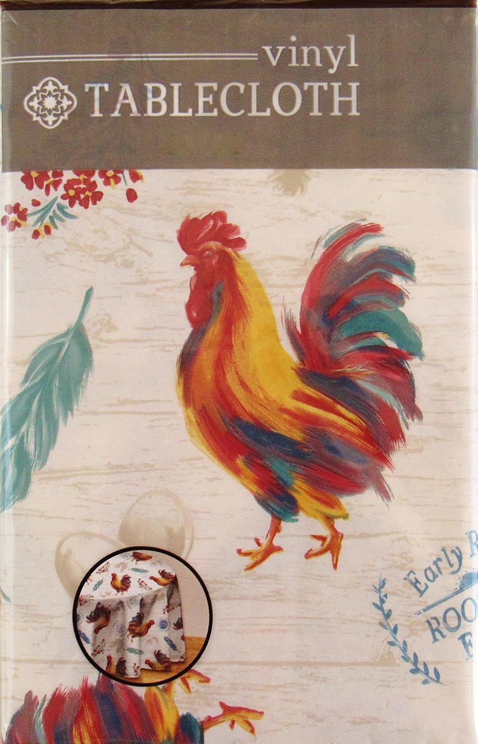 Home Kitchen 60 Round Nantucket Distributing Early Rise Rooster Farm Vinyl Flannel Back Tablecloth Linens