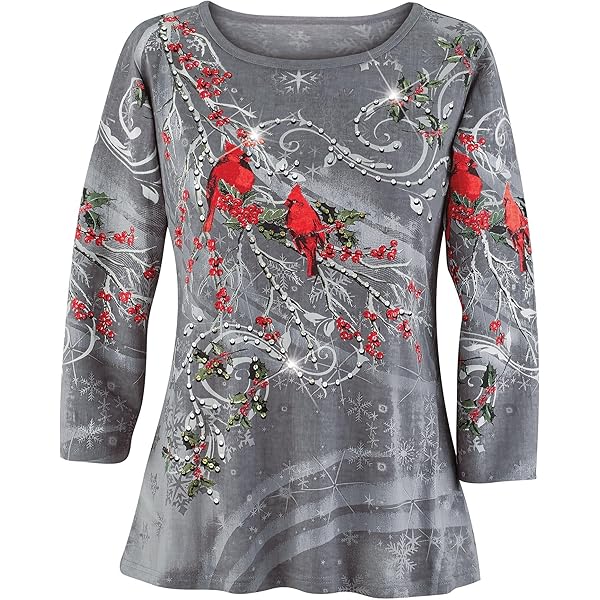 Festive Cardinal Nesting Long Sleeve Top - 3/4 Sleeve Holiday Shirt With Sequins