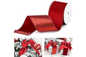 LIZLOVESS Red Velvet Wired Ribbon With Glitter Back 4 Inch Christmas Ribbon - Reversible for Tree, Gift Wrapping, Mantel, Wreaths Supplies, Topper Bows (10 Yards)
