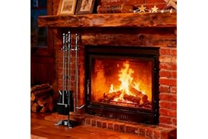 Fire Beauty Fireplace Tools Set 4 Pieces Black Wrought Iron Fire Tool Set for Outdoor/Indoor Include Poker, Shovel, Brush and Stand Accessories Set
