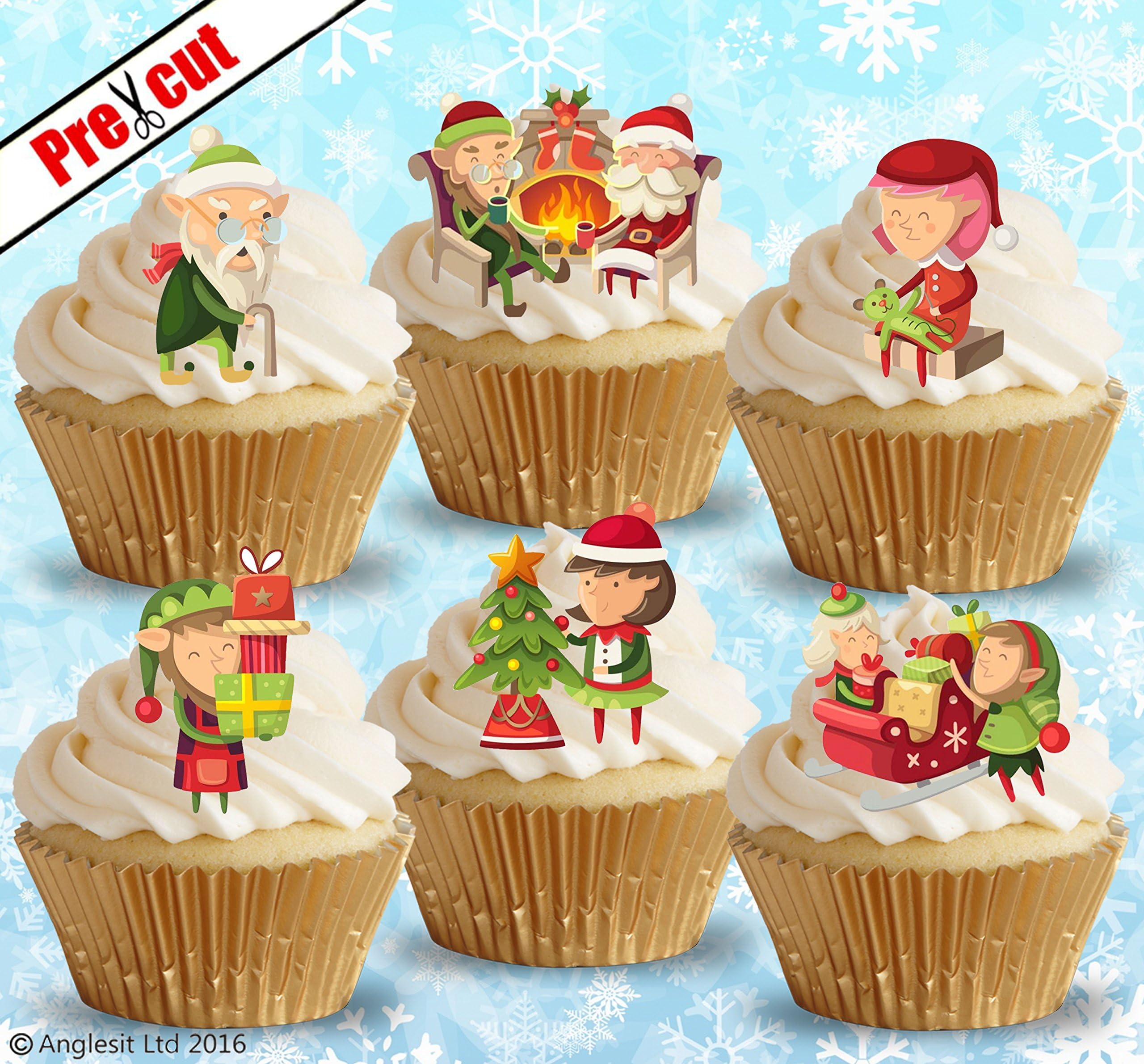 Pre-Cut Christmas Elves Edible Wafer/Rice Paper Cupcake Cake Toppers Birthday Winter Party Holiday Decorations