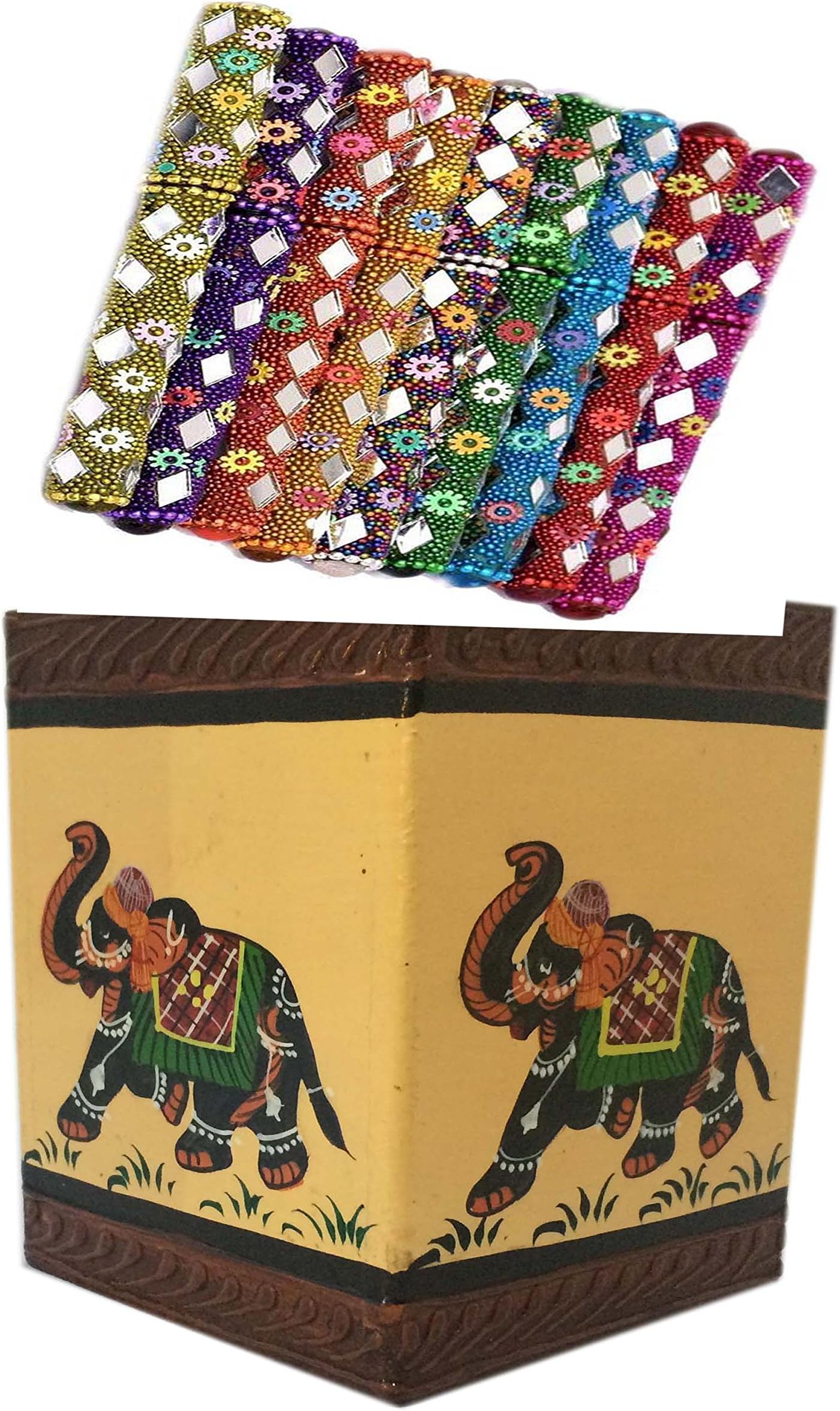 SAARTHI Traditional Decorative Holder and Set of 10 Rajasthani Unique Handpainted Wooden Elephant Painting with Mirror Work Pen (Multicolour)