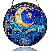 kdqua Moon and Star Suncatcher Stained Glass Window Hanging, Blue Celestial Astronomy Sun Catchers Indoor Window Glass Round Wall Decor, Moon and Stars Wall Art Hanging Decorations Statues, 7.9x7.9in
