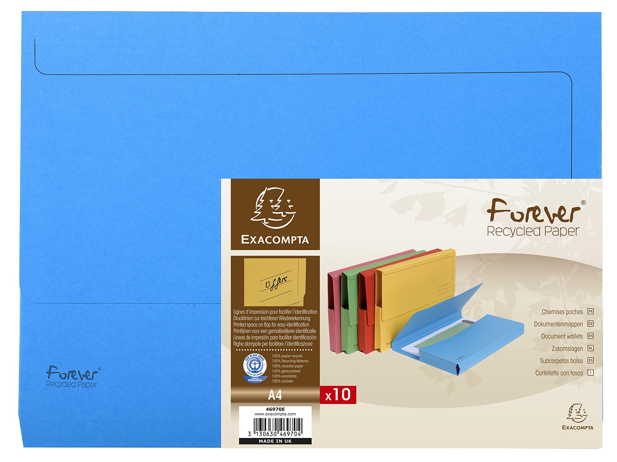 Exacompta - Ref 46972E - Forever Collection - Document Wallets (Pack of 10) - 240 x 320mm in Size, Suitable for A4 Documents, 290gsm Premium Pressboard - Blue