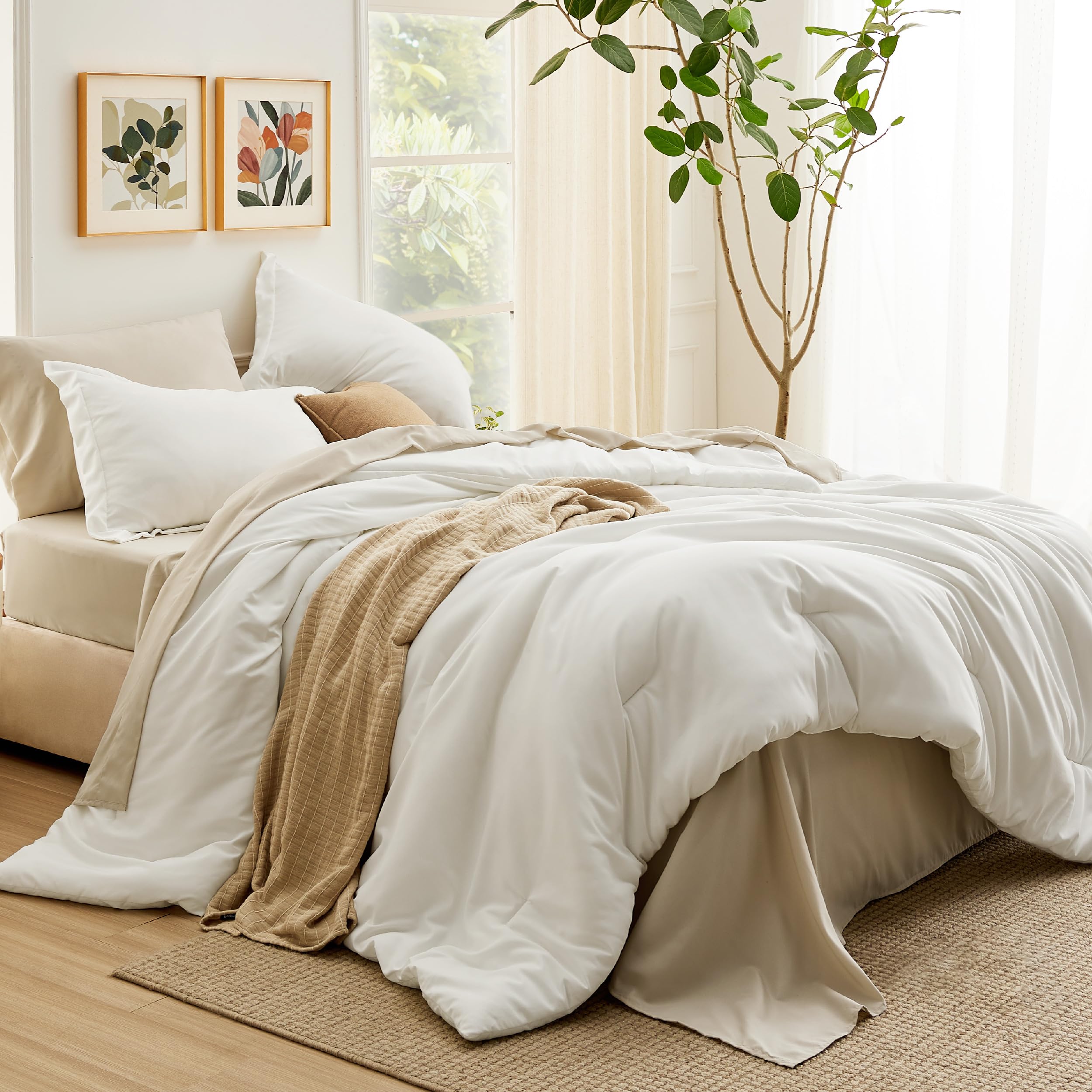 Photo 1 of Bedsure Twin Comforter Set - 5 Pieces White Twin Bedding Set for All Seasons, Boho Contrasting Design Bed in a Bag with Comforter, Sheets, Pillowcase & Sham