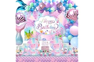 Mermaid Party Supplies - Mermaid Birthday Party Decorations Including Plate, Napkin, Cup, Tablecover, Happy Birthday Backdrop