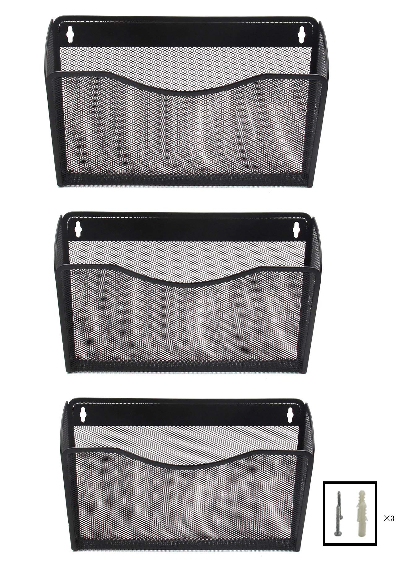 EasyPAG 3 Pocket Landscape A4 Mesh Hanging Wall File Holder Mail Organiser Magazine Storage,Pack of 3,Black