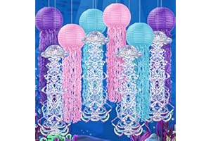 GANEEN 10 Pieces Jellyfish Paper Lanterns and Jelly Fish Honeycomb Hanging Decor for Mermaid Party Decoration Ocean Themed Birthday Under The Sea Party Supplies