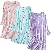 Inadays 3 Pack Women's Cotton Nightgown Sleepwear Long Sleeves Nightshirt Fun Print Sleepdress Loose Comfy Sleepshirts