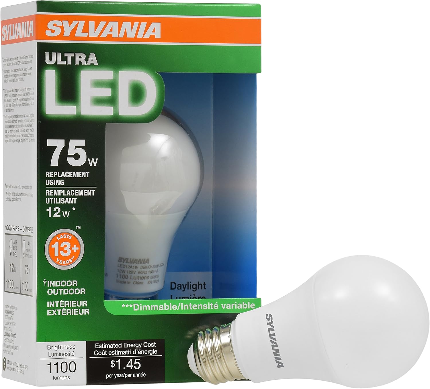 SYLVANIA General Lighting 74428 Sylvania Dimmable Led Light Bulb, 12 W, 120 V, 1100 Lumens, 5000 K, CRI 80, 2.375 in Dia X 4.42 in L