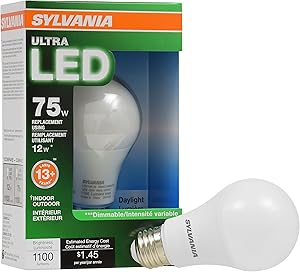 SYLVANIA General Lighting 74428 Sylvania Dimmable Led Light Bulb, 12 W, 120 V, 1100 Lumens, 5000 K, CRI 80, 2.375 in Dia X 4.42 in L