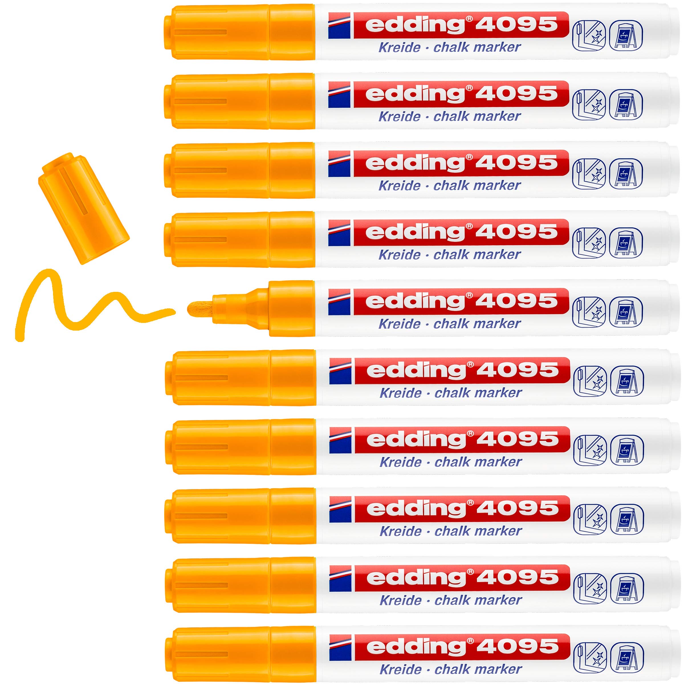edding 4095 chalk marker - neon-orange - 10 chalk pens - round tip 2-3 mm - medium-tipped wet wipe pen for chalkboards, windows, glass, mirrors - liquid chalk marker pens for opaque coverage — image 1