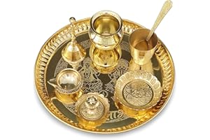NOBILITY Brass Pooja thali Set 8 Inch with Pital Puja Plate Kalash Spoon Glass Diya Bowl Dhup Dan Ghanti Kangura Plate Arti Thali for Diwali Home Mandir Office Wedding Return Gift Items