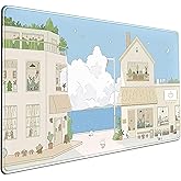 Cute Desk Mat Kawaii Mousepad Japanese Street Mouse Pad, Blue and Brown Cute Anime Keyboard Mat 31.5"x15.75", Large Mouse Pad XXL Gaming Desk Pad XL Office Decor for Women Girls Laptop Keyboard Pad
