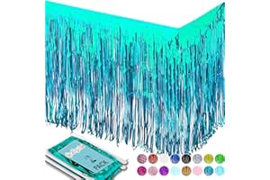 Allgala Turquoise Tinsel Table Skirt 2-Pack 29x108 Inch Metallic Foil Fringe Table Skirts for Party Event, Parade Float, Party Decoraton
