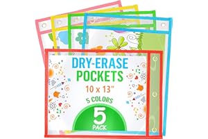5 Dry Erase Pockets 10x13 Inch - Clear Sheet Protector Pouches - Clear Dry Erase Pocket Reusable Sleeves - Write and Wipe Poc