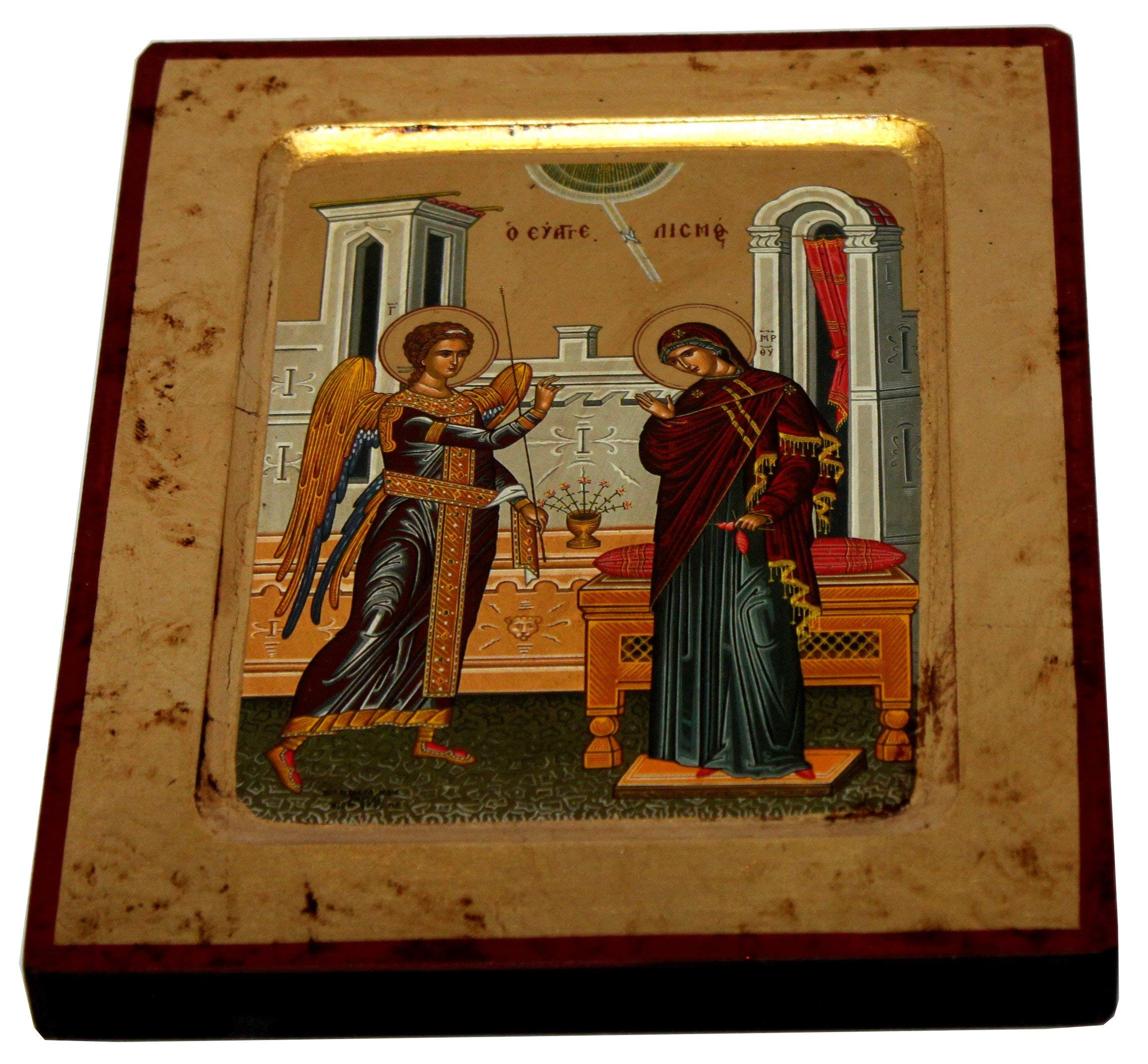 Holy Land Market Annunciation - Visitation Icon with Sheets of Gold (Lithography) (7.2 x 5.5 Inches)