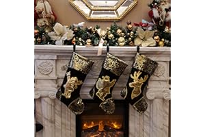 WEWILL 18'' Luxury Gold Christmas Stockings Shiny Bag for Kids, Family, Set of 3,Santa, Snowman, Reindeer