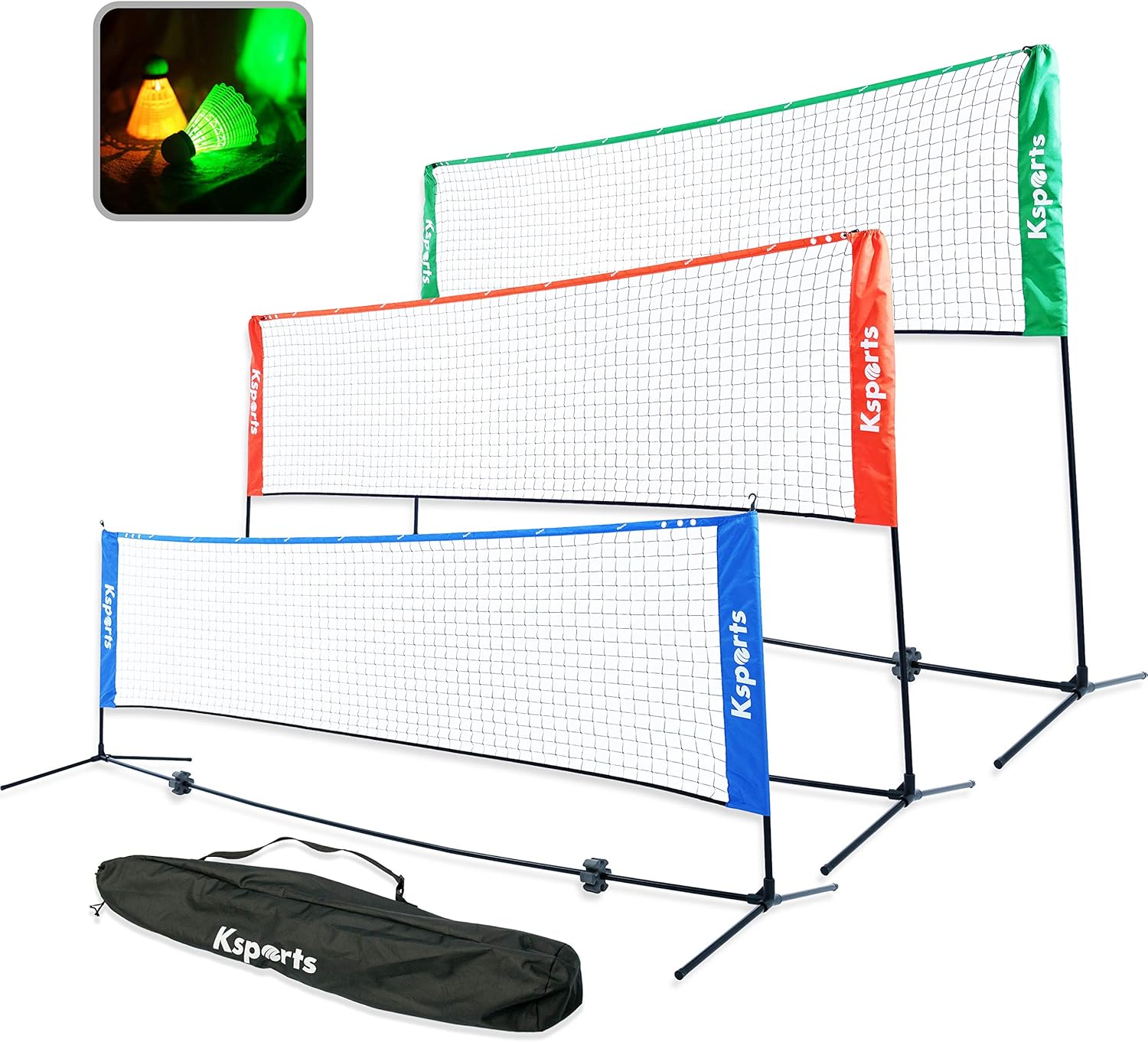 Ksports Tennis Net Bundle Comprising of−One Red 10ft Multisports Net−4 LED Birdies Shuttlecocks−One Carry Bag−for Tennis, Badminton, Kids Volleyball, Pickleball−Easy Setup-Indoor & Outdoor : Garden & Outdoor