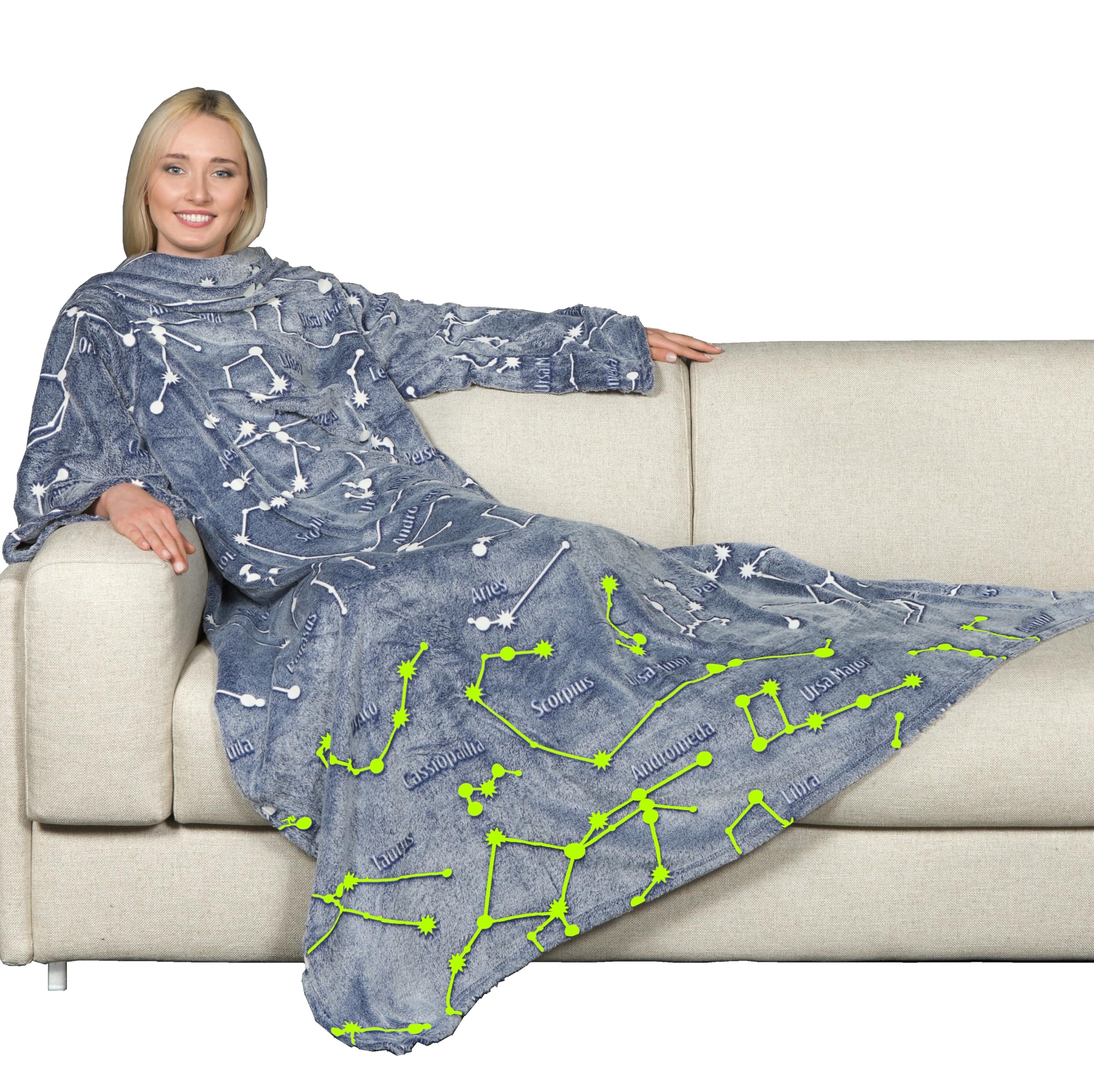 Kanguru Deluxe Glow in the Dark Stars Constellations, Fluffy Fleece Blanket with Sleeves, Kangaroo Pocket, Women's Throw Blanket, Blue, 140x180 cm