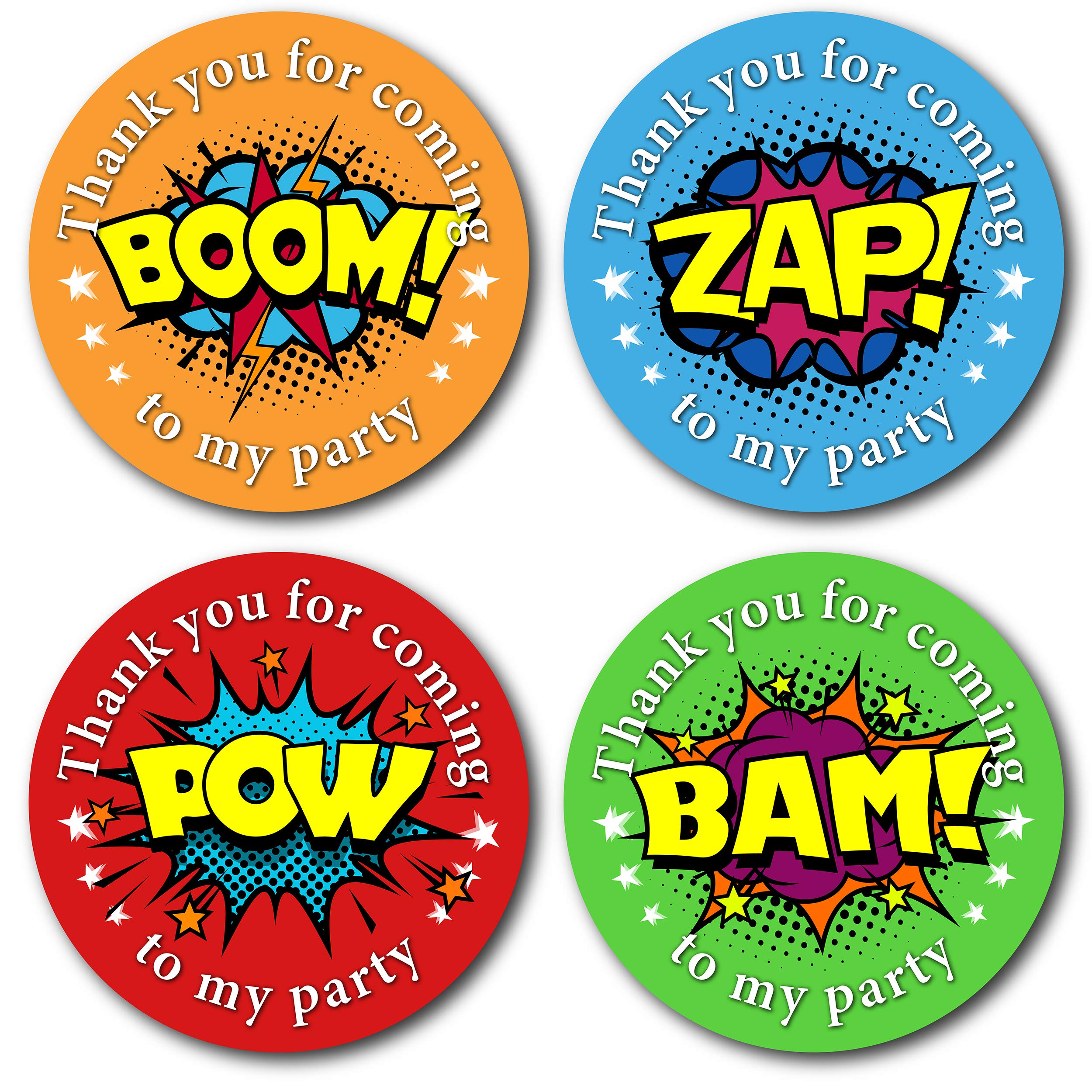 40mm Superhero Thank You for Coming to My Party Stickers. 4 Bright Colours (24 Stickers). Great for Party Bags, Sweet Cones and Birthday Party Bag fillers.