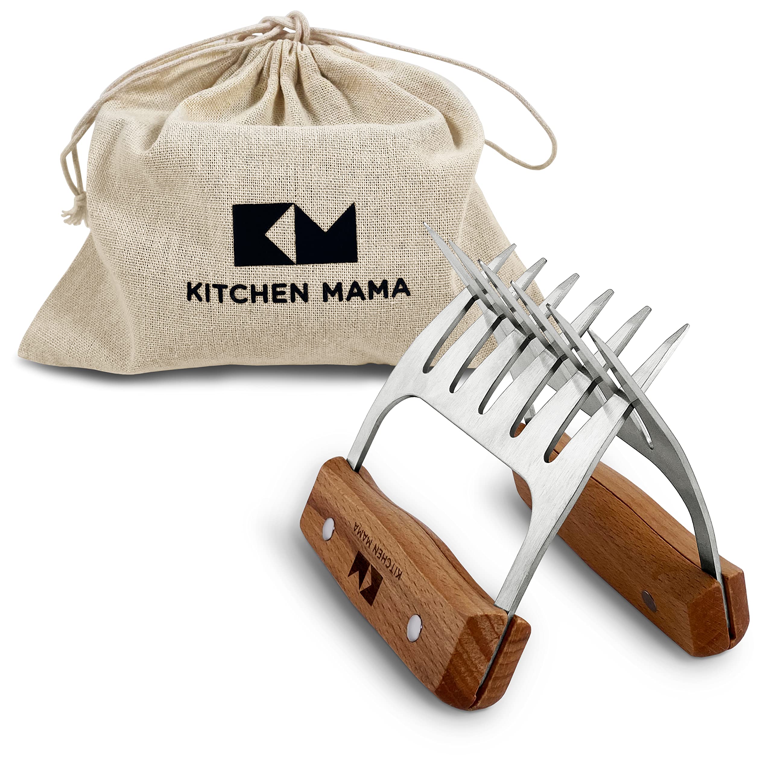 Kitchen Mama Meat Claws: Stainless Steel Shredder Claws with Wooden Handle for BBQ, Shredding, Pulling Pork, Chicken, Beef, and Turkey - Perfect for Grill Masters (1 Pair)