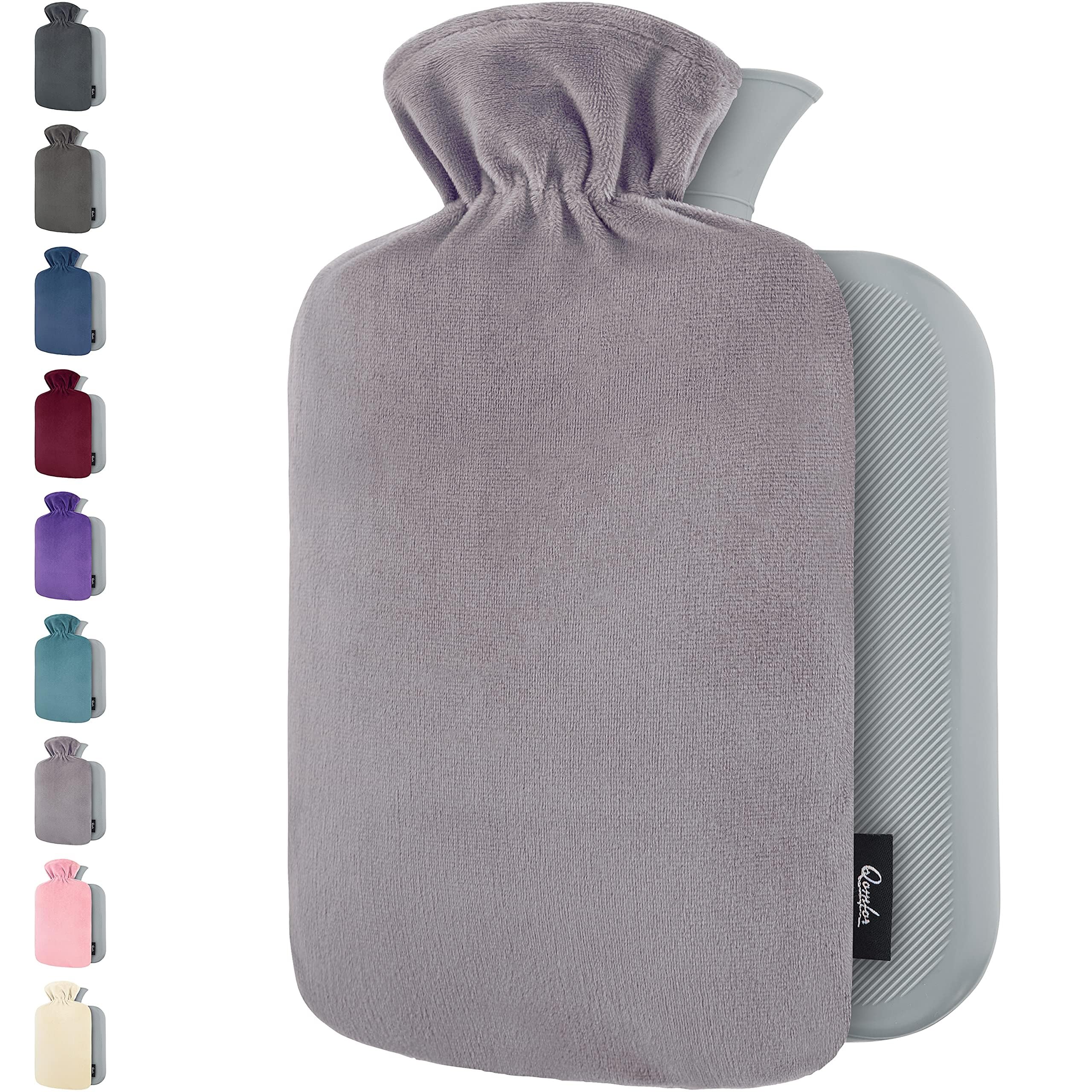 Hot Water Bottle - with Soft Premium Fleece Cover - Grey, 2L - Heating Pad for Menstrual Cramps & Period Comfort - Bed Foot Warmer - Hot & Cold Compress for Back, Stomach, Neck Pain Relief