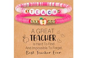 Y1tvei 2Pcs Teacher Appreciation Bracelet Gift Stackable Teach Apple Beaded Heishi Polymer Clay Bead Layering Stretch Bracelet Personalized Jewelry Back to School Gifts for Teacher (Pink)