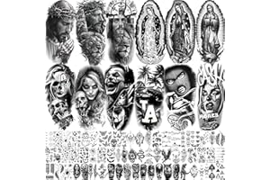 TONEOLDSHU 74 Sheets Chicano Jesus Christ God Temporary Tattoos For Men Women Adults Arm Cholo, Guadalupe Half Arm Sleeve Fake Tattoo Sticker Mexico West Coast Culture, Temp Chicana Prison Halloween Tattoo Chola