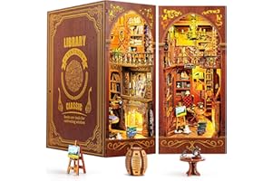 DOVIDEN Book Nook Kit Miniature Dollhouse, DIY Wooden Doll House Toys with Night Light, Building Mini Model for Age 14up Teens and Adults Gift (Sage Library)