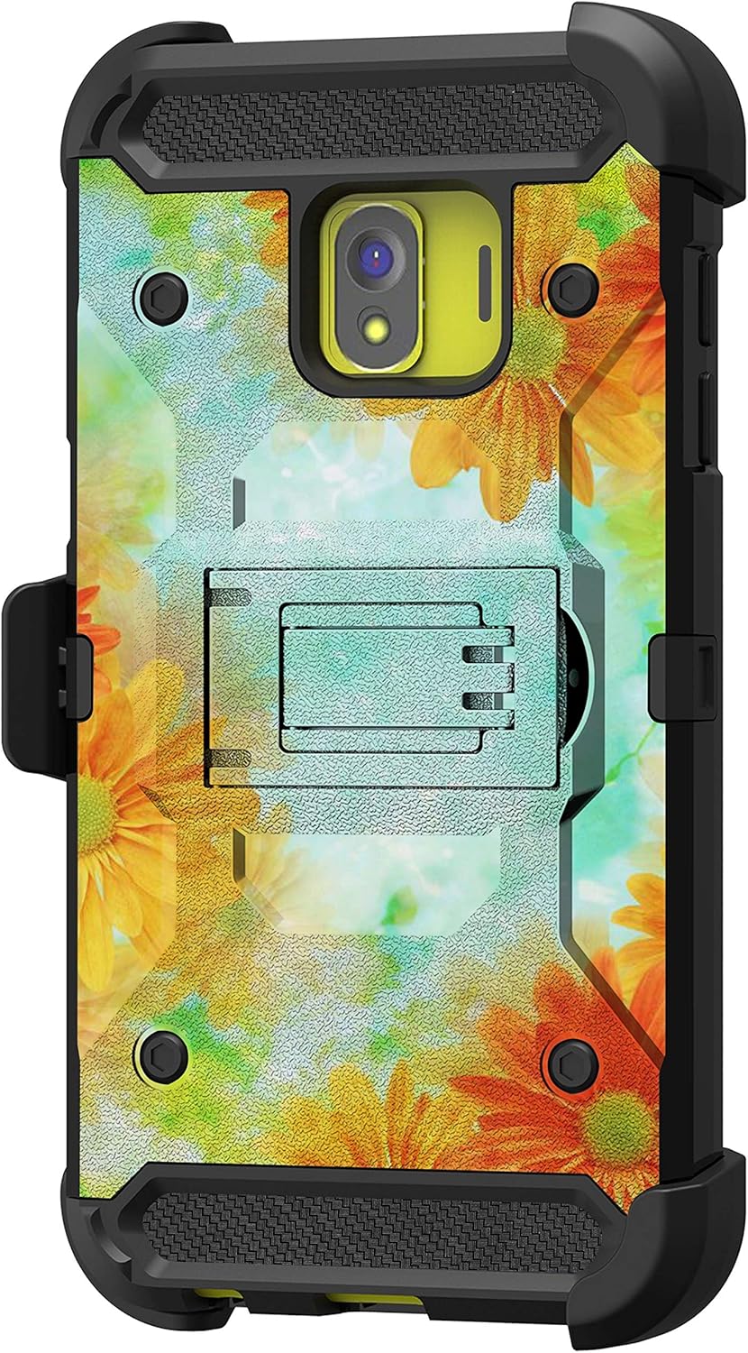 TurtleArmor | Compatible with Samsung Galaxy J2 Core Case | J2 Dash | J2 Pure [Armor Pro] Protective Full Armor Body Holster Belt Clip Triple Layer Heavy Duty Rugged Case - Sunflowers