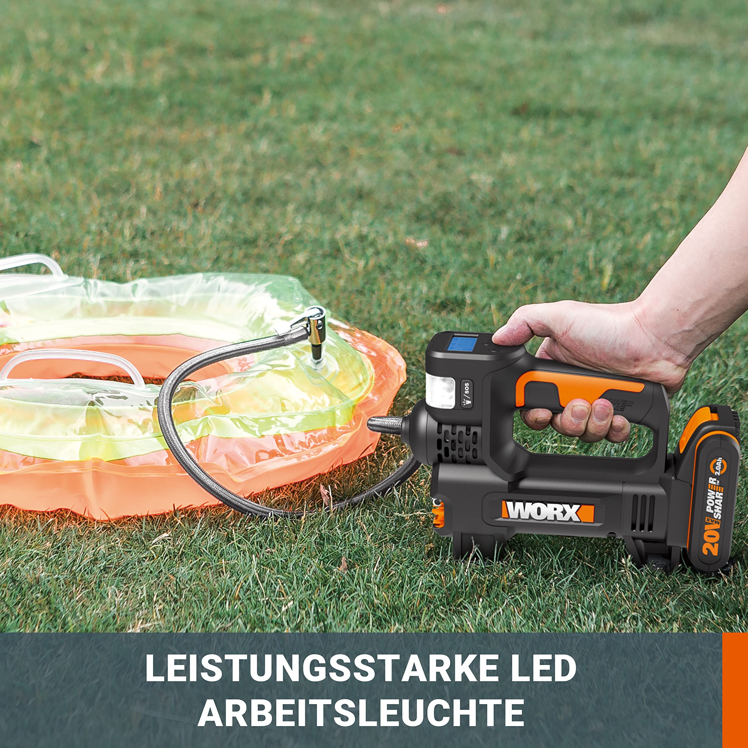 WORX WX092.9 Akku-Kompressor - 4 in 1: multifunktionale Luftpumpe mit punktgenauer Digitalanzeige & Druckkontrolle, Arbeitsleuchte & SOS-Notsignalleuchte - max. 10 bar - ohne Akku & Ladegerät 4