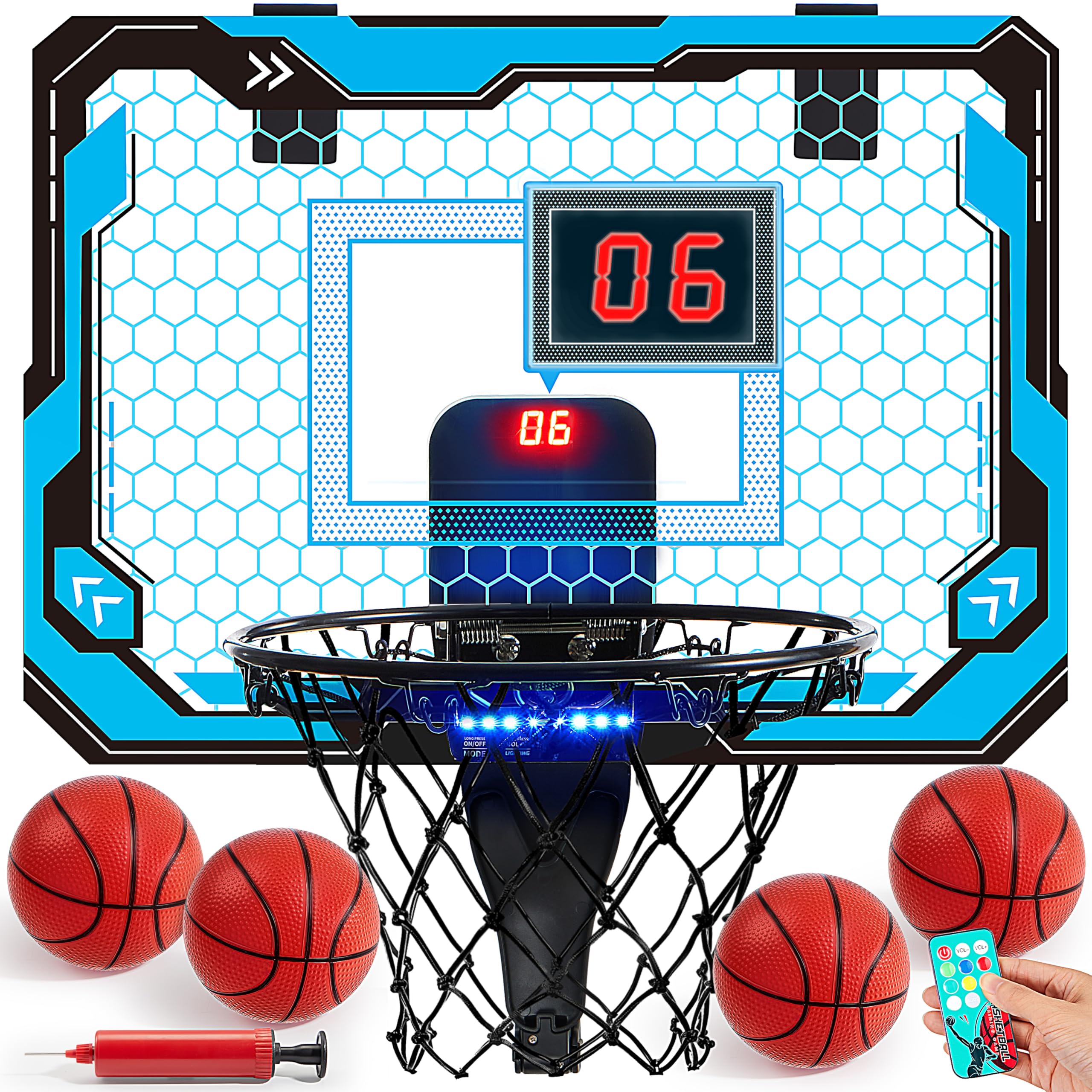 Photo 1 of SYNCFUN Mini Basketball Hoop for Kids, Light Up Over The Door Basket Ball Hoops Toy, Mini Hoop with Scoreboard & 4 Balls, Sport Game Set, Birthday Gift Toy for Boys Girls Ages 3 and UP(Blue)