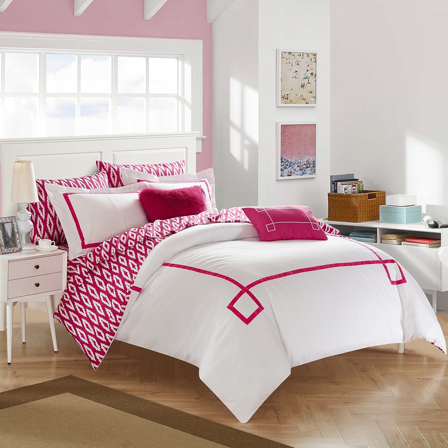 Chic Home Trace Bedding Set, Queen Comforter, Fuchsia