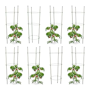 Relaxdays 8X Rankhilfe Tomaten im Set, Höhenverstellbare Ringe, Pflanzstäbe, Balkon, Beet, Kunststoff, 76 cm Lang, Grün