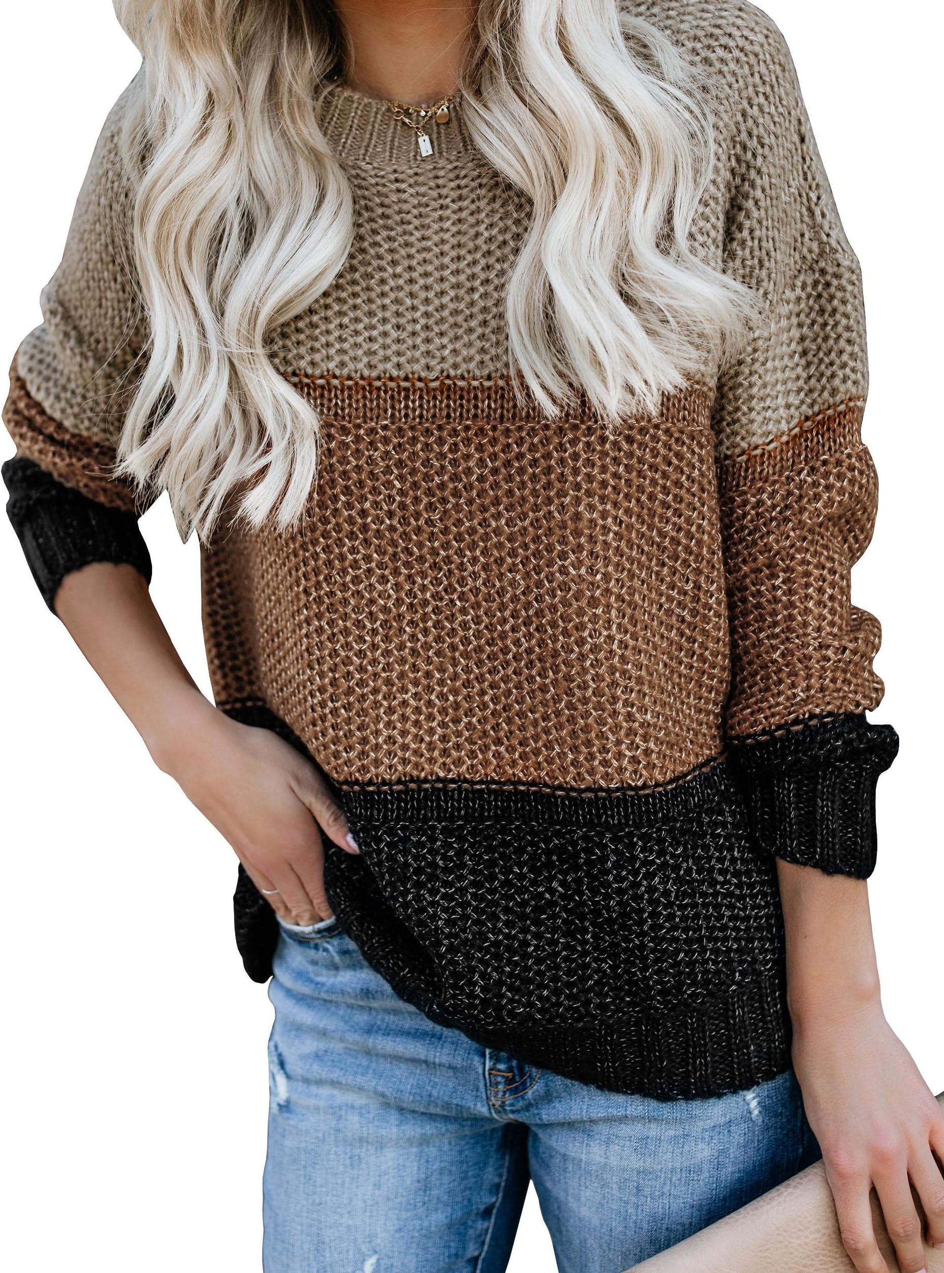 Womens Color Block Oversized Crewneck Sweaters Striped Long Sleeve Loose Chunky Knitted Pullover Jumper Tops