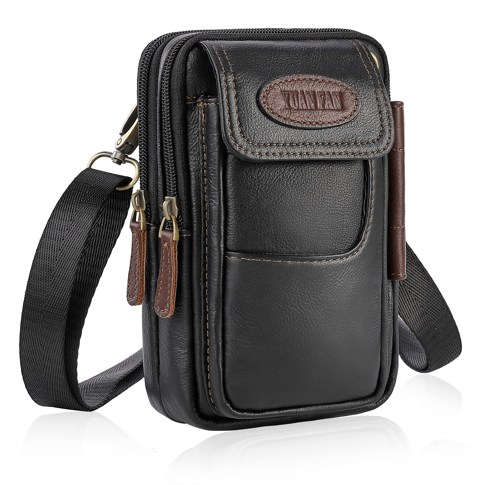 YUAN FAN Mens Shoulder Messenger Bag Small Leather,Crossbody Cellphone Pouch Bag Waist Purse for Men and Wallet with Multiple Pockets and Sturdy Mobile Phone Bag