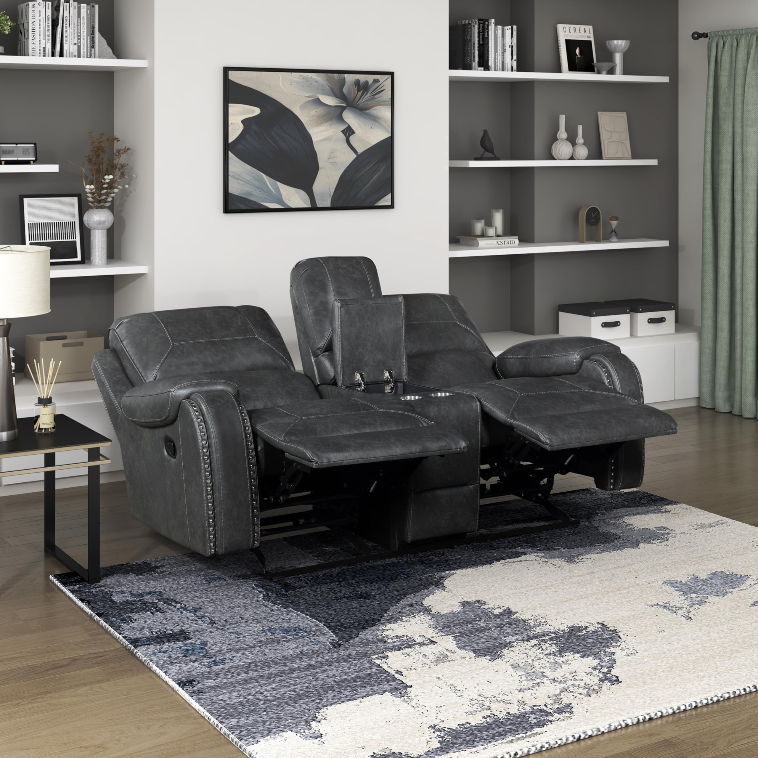 Photo 1 of Lexicon Modern Double Reclining Loveseat, Faux Leather Recliner Loveseat with Nailhead, Center Console, Receptacle and USB Ports, Manual Recliner Loveseat Couch for Living Room/Office/Apartment, Grey