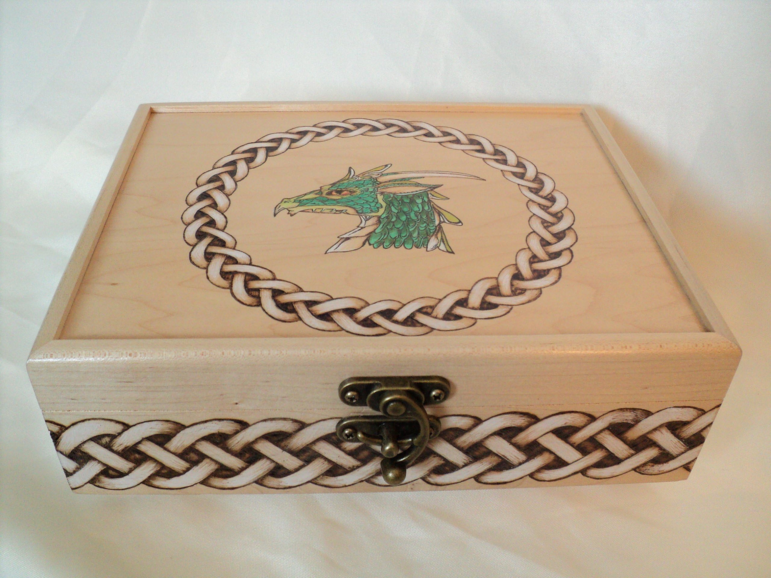 Maple Wood Wooden Woodburned Celtic Knotwork Dragon Jewelry or Keepsake Box