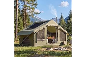 MELLCOM 10x7FT Inflatable Camping Tents, 4-8 Person Spacious Air Glamping Tents with Skyscreen, Door Curtain Stove Jack, Mosq