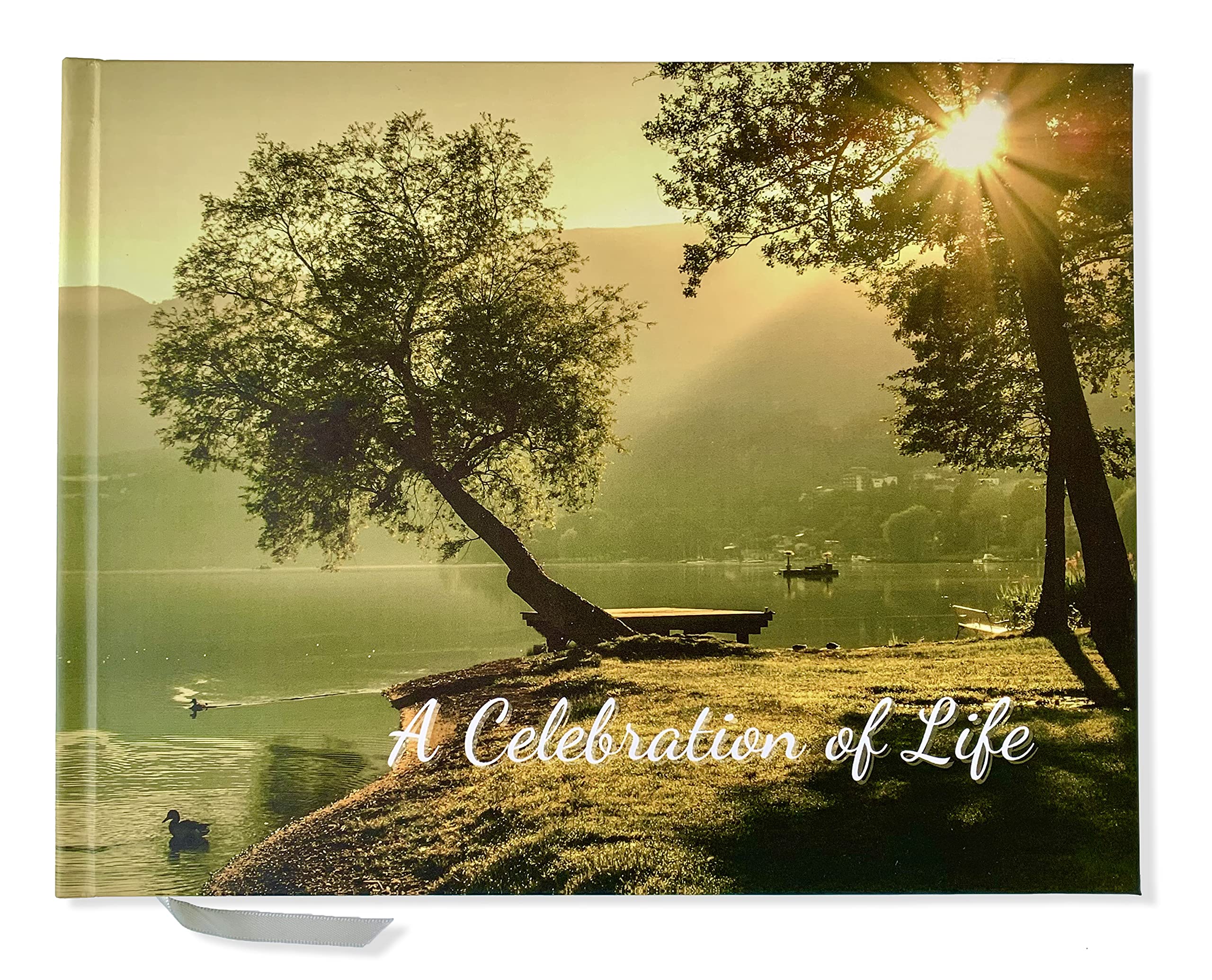 JC Classics Memory Book for Funeral | Condolence Book | Book of Condolence Memory Book with Memory Table Card Sign (Trees & Lake Design)