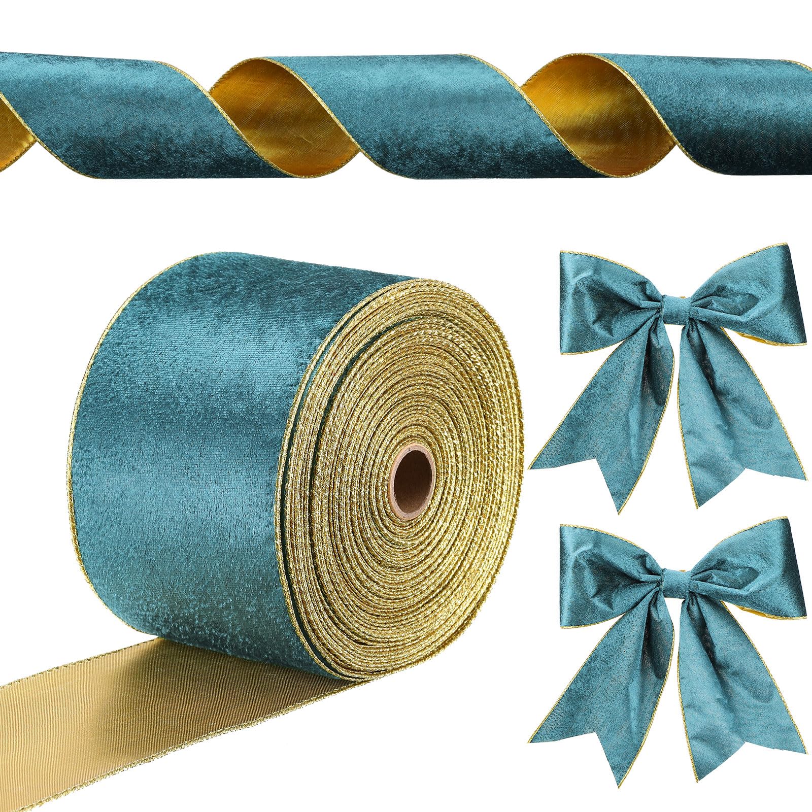 Photo 1 of Chuangdi 1 Roll 4 Inch, 35 Yard Christmas Velvet Ribbon Vintage Teal Blue Wide Ribbons for Gift Wrapping Christmas Tree Ornaments Xmas Party Decoration Wreath Crafts Bow Making