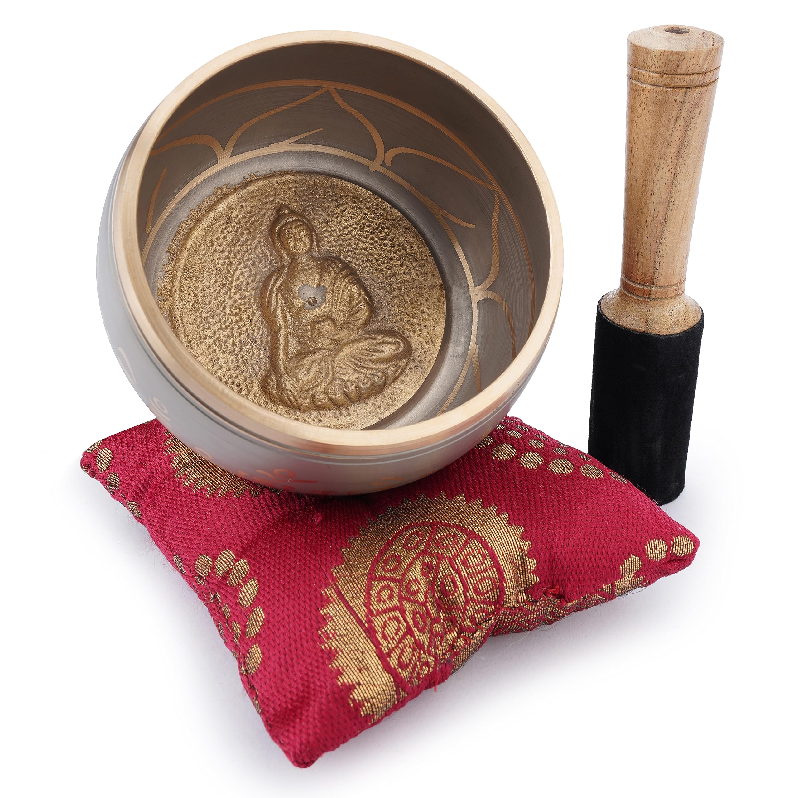 Ajuny Tibetan Singing Bowl Set Handmade Brass Sound Bowl with Mallet & Cushion Buddha Thangka Art Design Meditation Yoga Mindfulness & Chakra Healing Therapy Stress Relief Gift (Beige, 4 In)