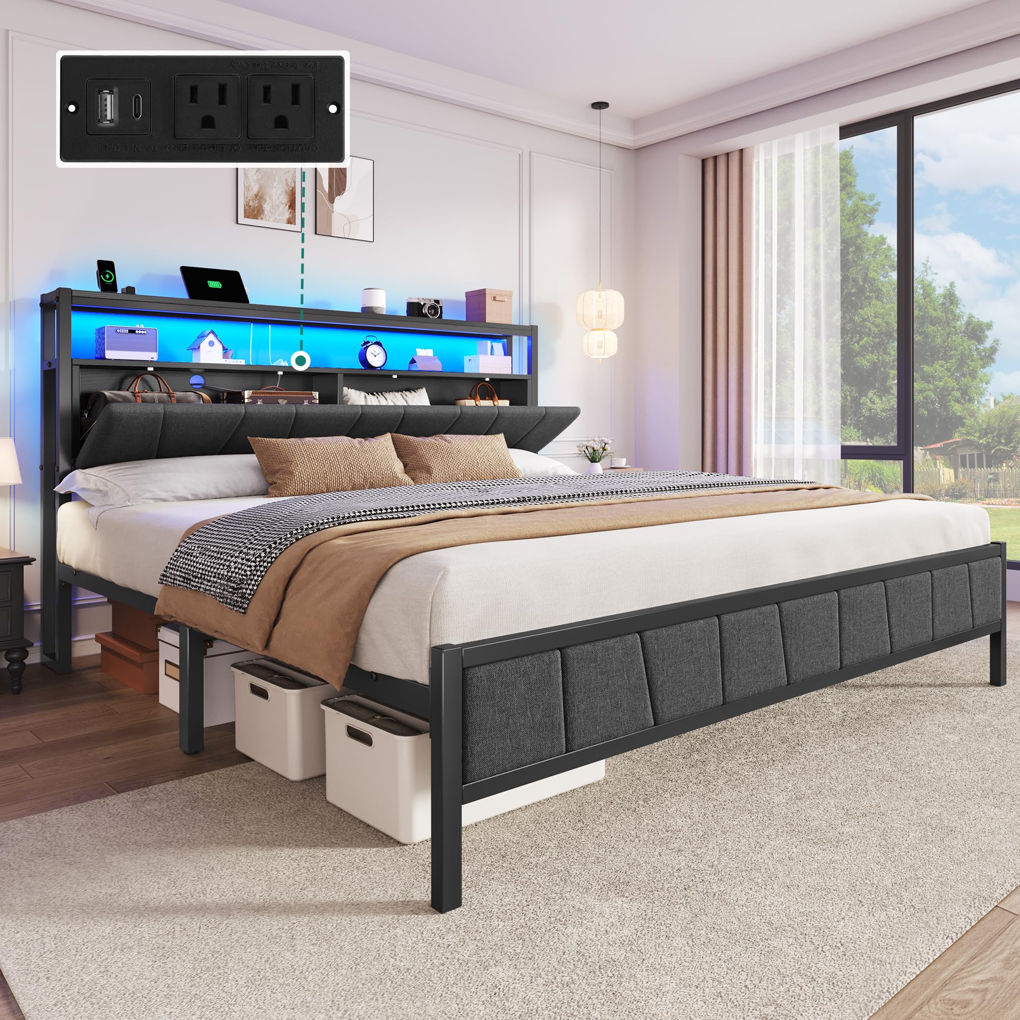 Photo 1 of YITAHOME Queen Bed Frame with Storage Headboard, Upholstered LED Platform Bed with Charging Station, Heavy-Duty Metal Slats, No Box Spring Needed, Fast Assembly - Gray