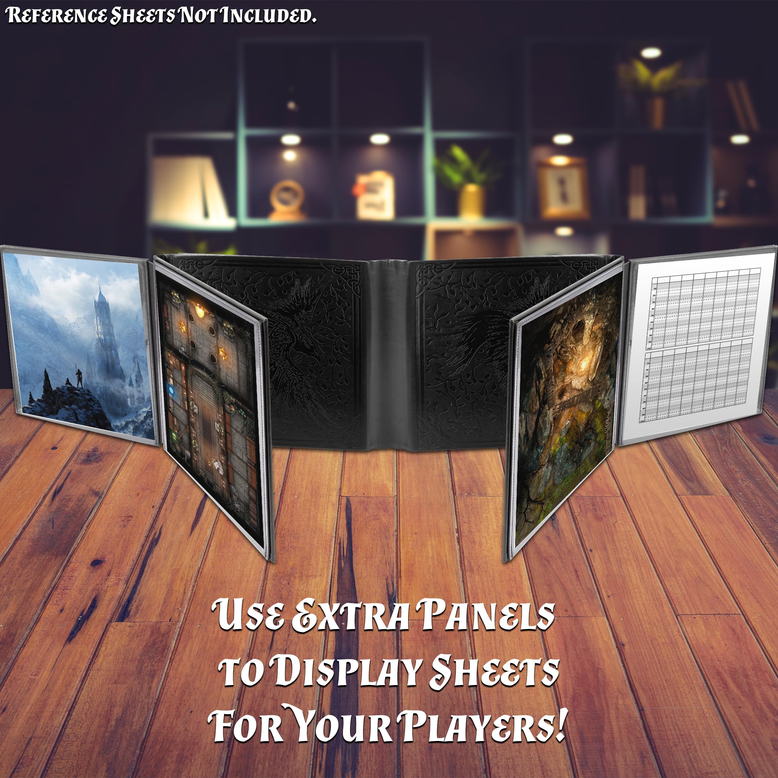 CASEMATIX DM Screen Faux Leather 12-Panel Deluxe GM Screen - Twelve Panel XL Folding Dungeon Master Screen with 4 Swinging Panels and Wet Erase Pockets for TTRPGs - Black, Inserts Not Included