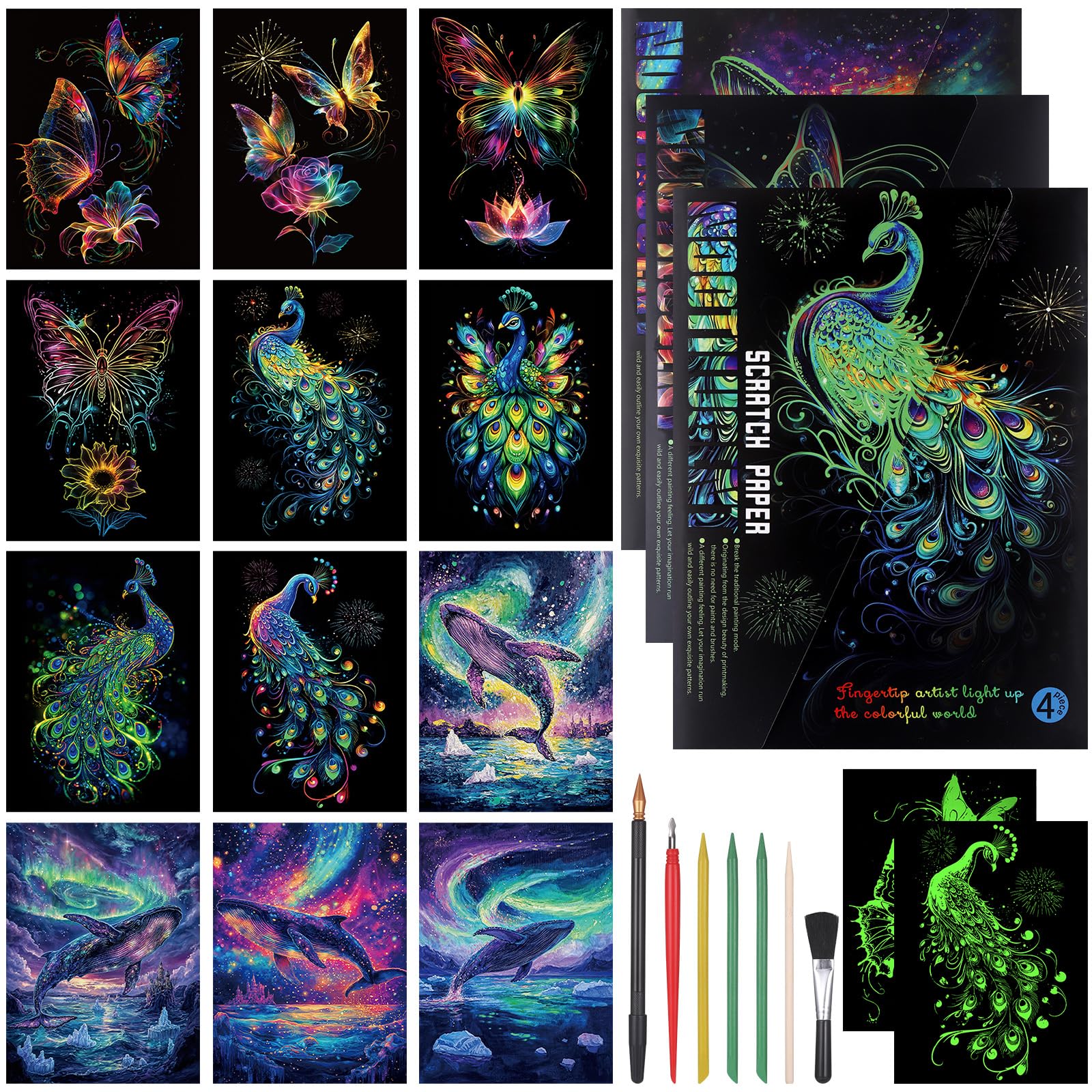 JIANTA Glow in The Dark Rainbow Scratch Art, 12 Sheets Luminous Rainbow Scratchboard with 7 Tools, Scratch Painting Paper Engraving Art Kit, Butterfly+Peacock+Whale