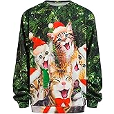SightYoung Men Ugly Christmas Sweatshirts,Cat Ugly Christmas Sweater,3D Funny Graphic Long Sleeve Crew Neck Sweatshirts,Dark Green,L