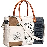Canvas Tote Bag for Women, Vintage Patchwork Handbag with Leather Handles & Shoulder Strap, Large Travel, Work