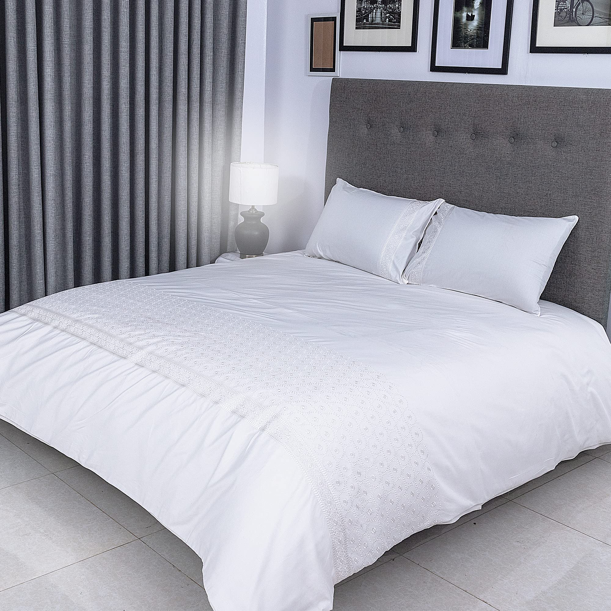 FLAX LINEN Organic Duvet Covers Set White, Vespera Hotel Collection, 400 Thread Count, Long Staple Egyptian Cotton Bedding Sets, with Hidden Button Closure, Includes 2 Pillowcases (Double)